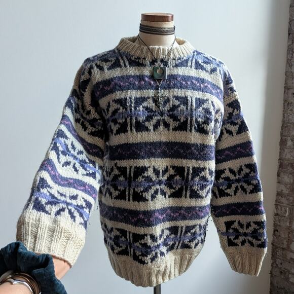 Vintage Wool Chunky Knit Fairisle Sweater Cosby Grandpa Cottagecore Top Medium - Picture 7 of 9